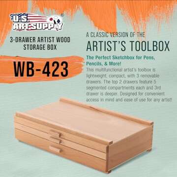 U.S. Art Supply 3-Drawer Artist Wood Storage Box for Supplies