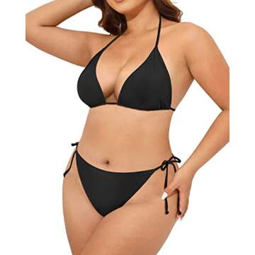 Tempt Me Women Plus Size Triangle Bikini String Two Piece Halter Tie Side Swimsuit Black 18 Plus
