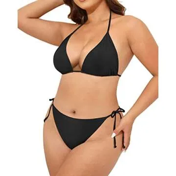 Tempt Me Women Plus Size Triangle Bikini String Two Piece Halter Tie Side Swimsuit Black 18 Plus