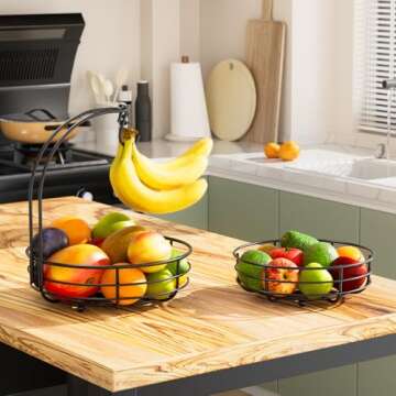Bextsrack 2-Tier Countertop Fruit Basket Bowl with Banana Hanger, Metal Wire Fruits Stand Holder Sto...