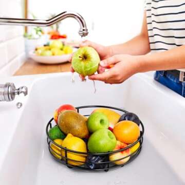 Bextsrack 2-Tier Countertop Fruit Basket Bowl with Banana Hanger, Metal Wire Fruits Stand Holder Storage Organizer for Kitchen, Black