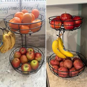 Bextsrack 2-Tier Countertop Fruit Basket Bowl with Banana Hanger, Metal Wire Fruits Stand Holder Storage Organizer for Kitchen, Black