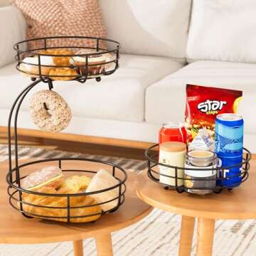 Bextsrack 2-Tier Countertop Fruit Basket Bowl with Banana Hanger, Metal Wire Fruits Stand Holder Storage Organizer for Kitchen, Black