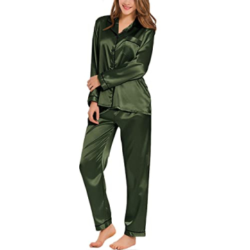 SWOMOG Womens Christmas Pajamas Set Silk Satin Sleepwear Long Sleeve Nightwear Button Down Pj Lounge...