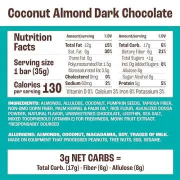 Munk Pack Nut & Seed Bar Coconut Almond Dark Chocolate | 1g Sugar, Low Carb & Keto, 3g Protein | Gluten Free, Plant Based, Zero Added Sugar | Sweet & Nutty Breakfast & Snack Bars | 12 Count