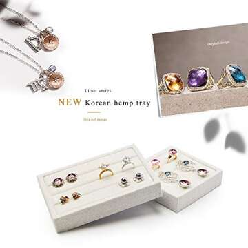 Oirlv linen 3 Slots Ring Earrings Display Trays Showcase Jewelry Organizer (creamy-white)