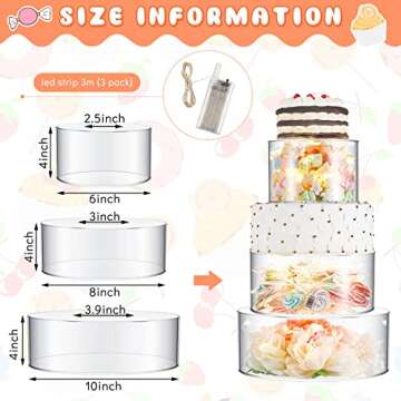 Sintuff 3 Pcs Acrylic Cake Stand with LED Lights 6'', 8'', 10'' Clear Fillable Cake Riser Round 3 Tier Case Cylinder Box for Wedding Birthday Holiday Party Food Display, 3 Sizes