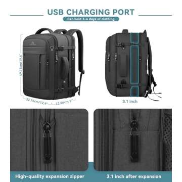 Travel Backpack 50L Expandable Laptop Backpack, Airline Approved Water Resistant Bag for 17 Inch Lap...