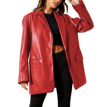ABYOVRT Women's Vintage Red Faux Leather Jacket - Oversized Streetwear Blazer