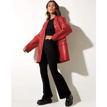 ABYOVRT Women Vintage Red Faux Leather Jacket Streetwear