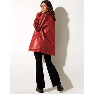ABYOVRT Women Vintage Red Faux Leather Jacket Streetwear