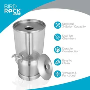 BIRDROCK HOME 3 Gallon Stainless Steel Beverage Dispenser with Ice Container, Spigot - Round - Lemon...