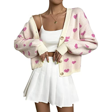 Verdusa Women's Long Sleeve Print Button Front V Neck Knit Sweater Cardigan Light Pink L