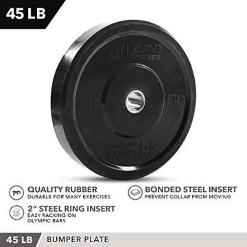 DAY 1 FITNESS Olympic Bumper Weighted Plate 2â€ For Barbells, Bars, 45 lb Single Plate - Shock-Absorbing, Minimal Bounce Steel Weights with Bumpers for Lifting, Strength Training, and Working Out