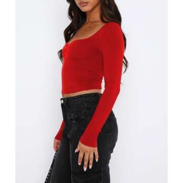 ForeFair Women's Sexy Long Sleeve Going Out Tops Pleated Bustier Shirt Cute Sweetheart Neck Y2K Cropped Top(Red,S)
