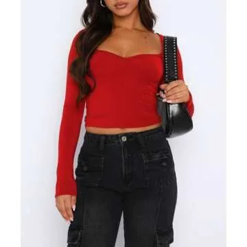 ForeFair Women's Sexy Long Sleeve Going Out Tops Pleated Bustier Shirt Cute Sweetheart Neck Y2K Cropped Top(Red,S)