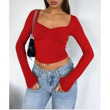 ForeFair Women's Sexy Long Sleeve Going Out Tops Pleated Bustier Shirt Cute Sweetheart Neck Y2K Cropped Top(Red,S)