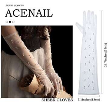 Acenail Pearl Women’s Wedding Gloves Long Tulle Bridal Gloves White Finger 20s Opera Evening Party Sheer Gloves for Brides
