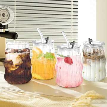 KEMORELA 4PCS Ribbed Glass Cups with Lids & Straws – 18oz Vintage Wavy Glass Coffee Cups, Bubble Glass Aesthetic for Iced Coffee, Clear Ribbed Glasses with Straws, Ideal Drinkware Set