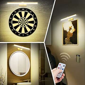 RAIFOOLLY Picture Light,5000mAh Rechargeabl Art Lights for Paintings,Remote 16" Display Accent Light with Timer and Dimmable for Wall,Frame,Portrait-Gold