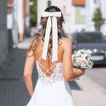 Satin Hair Bows for Girls and Women, B.PHNE Solid Bowknot Hair Clips, French Silk Stuff Barrettes Ponytail for Wedding 4 Pack (Long)