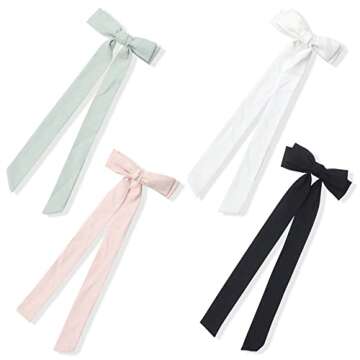 Satin Hair Bows for Girls and Women, B.PHNE Solid Bowknot Hair Clips, French Silk Stuff Barrettes Ponytail for Wedding 4 Pack (Long)