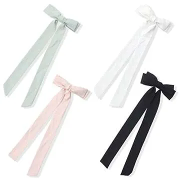 Satin Hair Bows for Girls and Women, B.PHNE Solid Bowknot Hair Clips, French Silk Stuff Barrettes Ponytail for Wedding 4 Pack (Long)