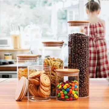 FOCUSLINE 5 Pack Glass Kitchen Canister Set, Clear Glass Food Storage Jars with Airtight Bamboo Wooden Lid For Flour, Sugar, Candy, Cookie