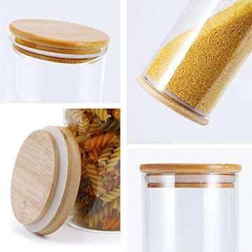 FOCUSLINE 5 Pack Glass Kitchen Canister Set, Clear Glass Food Storage Jars with Airtight Bamboo Wooden Lid For Flour, Sugar, Candy, Cookie