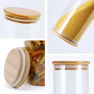 FOCUSLINE 5 Pack Glass Kitchen Canister Set, Clear Glass Food Storage Jars with Airtight Bamboo Wooden Lid For Flour, Sugar, Candy, Cookie