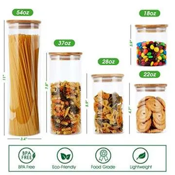 FOCUSLINE 5 Pack Glass Kitchen Canister Set, Clear Glass Food Storage Jars with Airtight Bamboo Wooden Lid For Flour, Sugar, Candy, Cookie