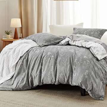 Bedsure King Comforter Set - Grey Bed Set, 3 Pieces Cute Floral Bedding, 1 Soft Reversible Botanical...