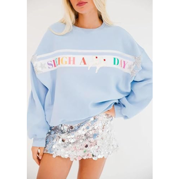 KOSUSANILL Sequin Halloween Sweatshirt for Women Sparkly Dancing Skeleton Spooky Season Ghost Crewnecks Halloween Sequin Pullover Shirt Pumpkin Sweater Top Light Blue