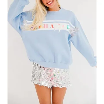 KOSUSANILL Sequin Halloween Sweatshirt for Women Sparkly Dancing Skeleton Spooky Season Ghost Crewnecks Halloween Sequin Pullover Shirt Pumpkin Sweater Top Light Blue