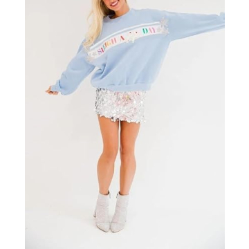 KOSUSANILL Sequin Halloween Sweatshirt for Women Sparkly Dancing Skeleton Spooky Season Ghost Crewnecks Halloween Sequin Pullover Shirt Pumpkin Sweater Top Light Blue