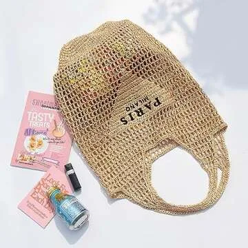 Generic Women'S Beach Bag Woven Straw Bag Summer Beach Handbag Large Capacity Travel Shoulder Handbags Hobo Bag (Beige)