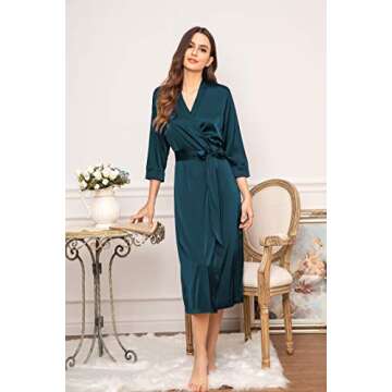 HOTOUCH Womens Silk Long Satin Kimono Bridesmaids Bride Robe Teal Green, Medium