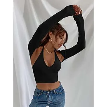 MakeMeChic Women's Stylish Halter Crop Top and Shrug Cardigan