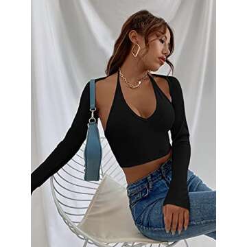 MakeMeChic Women's Stylish Halter Crop Top and Shrug Cardigan