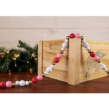 One Holiday Way 9-Foot Rustic Red, Pink, White and Gold Wood Bead Garland Christmas Tree Decoration ...
