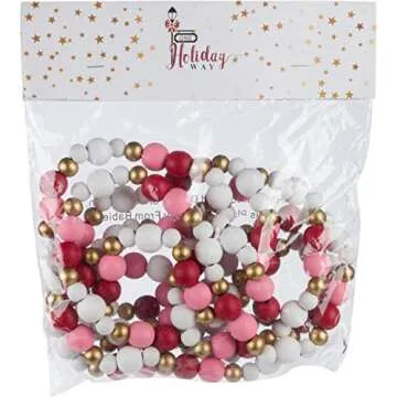 One Holiday Way 9-Foot Rustic Red, Pink, White and Gold Wood Bead Garland Christmas Tree Decoration - Decorative Vintage Wooden Beads for Everyday Chic Winter Valentines Farmhouse Xmas Home Decor