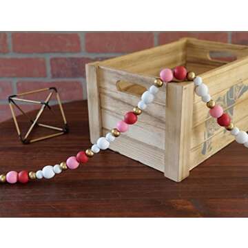One Holiday Way 9-Foot Rustic Red, Pink, White and Gold Wood Bead Garland Christmas Tree Decoration - Decorative Vintage Wooden Beads for Everyday Chic Winter Valentines Farmhouse Xmas Home Decor