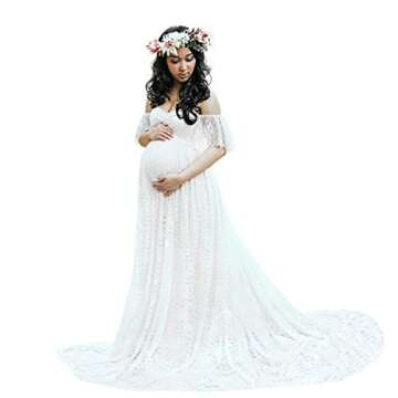 Gyoume Women Maternity Dress Pregnancy Photography Dress Off Shoulder Lace Long Maxi Dress (XL, White)
