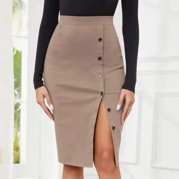 Byinns Pencil Skirts for Women Elastic High Waist Button Slit Work Skirts Stretchy Plaid Bodycon Midi Skirt