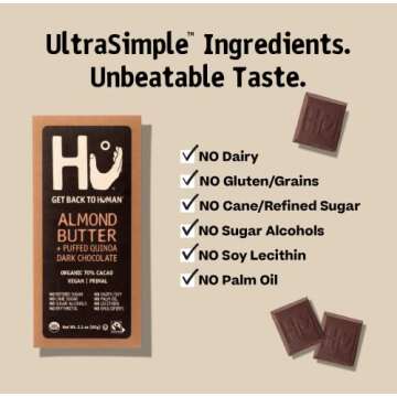 Hu Chocolate Bars | 6 Pack Almond Butter & Puffed Quinoa Chocolate | Natural Organic Vegan, Gluten F...