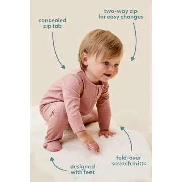 MORI Baby Unisex Pajamas in Ribbed Ecru with Zip and Mitts of Viscose from Bamboo - Footed Jumpsuit Sleepwear - 3-6 Months