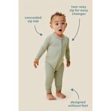 MORI Baby Unisex Pajamas in Ribbed Ecru with Zip and Mitts of Viscose from Bamboo - Footed Jumpsuit Sleepwear - 3-6 Months