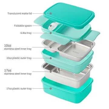 Freshmage Stainless Steel Bento Box Adult Lunch Box, Leakproof Stackable Large Capacity Dishwasher Safe Lunch Container with Divided Compartments, Green