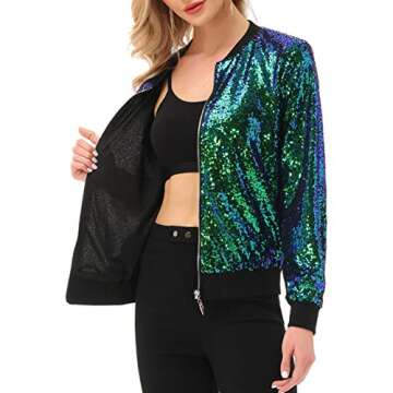 KANCY KOLE Sequin Long Sleeve Jackets for Women Shiny Metallic Bomber Jacket Coats With Pockets(S,Green)