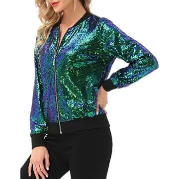 KANCY KOLE Sequin Long Sleeve Jackets for Women Shiny Metallic Bomber Jacket Coats With Pockets(S,Green)